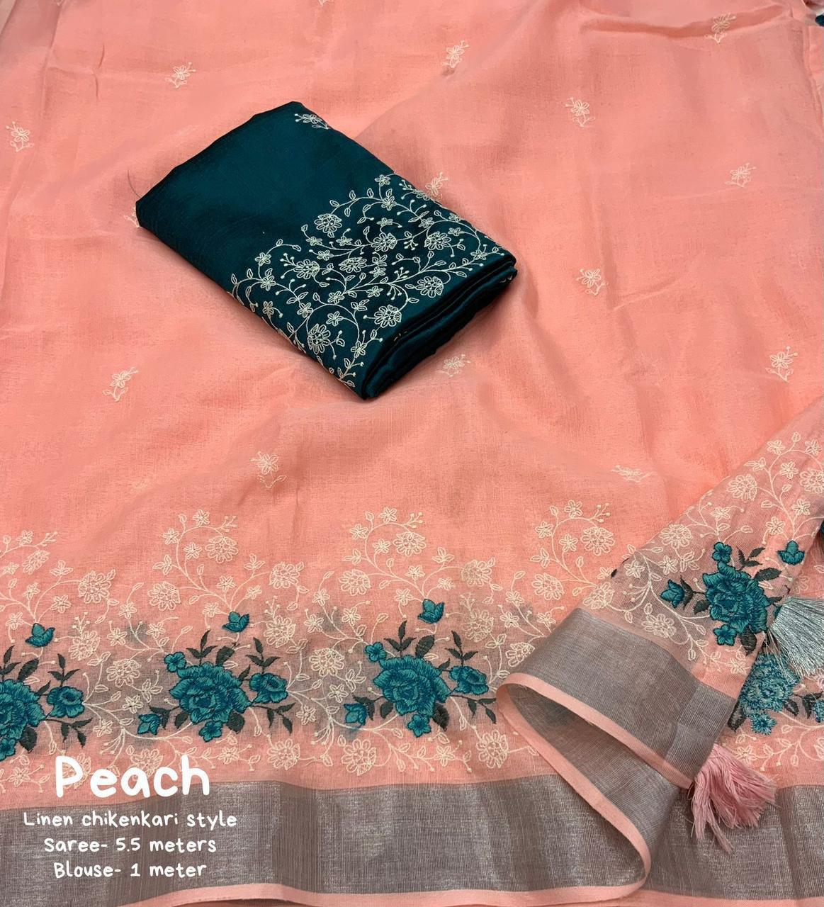 Embroidered Floral Soft Cotton Saree - Peach