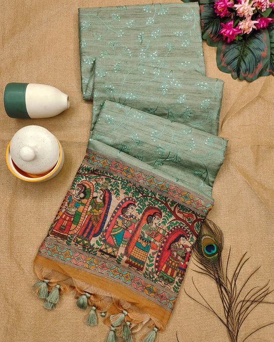 Madhubani Print Tussar Silk Saree