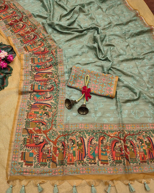 Madhubani Print Tussar Silk Saree