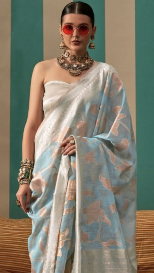 Silk-Linen Blended Handloom Saree - Blue