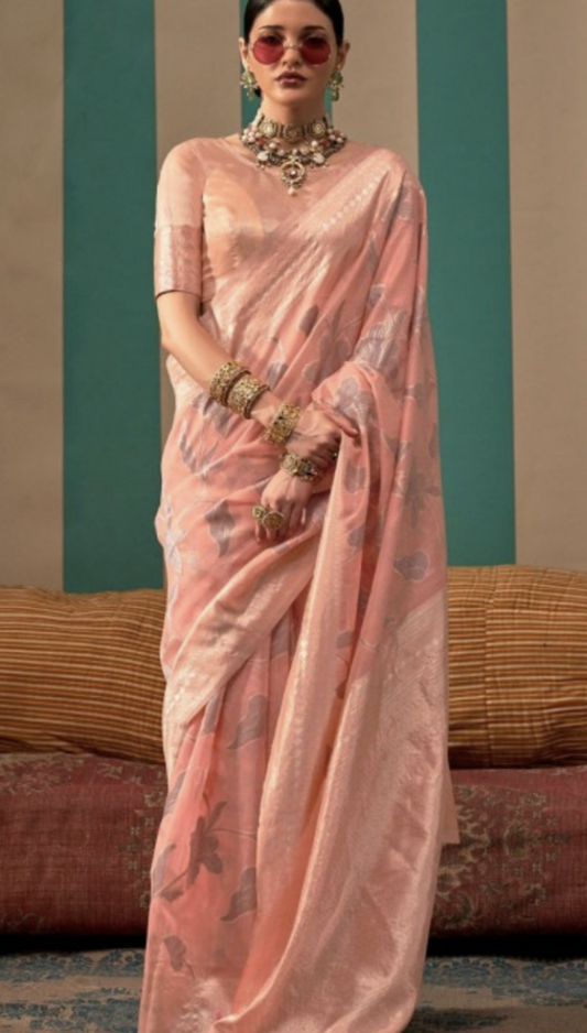 Silk-Linen Blended Handloom Saree - Peach