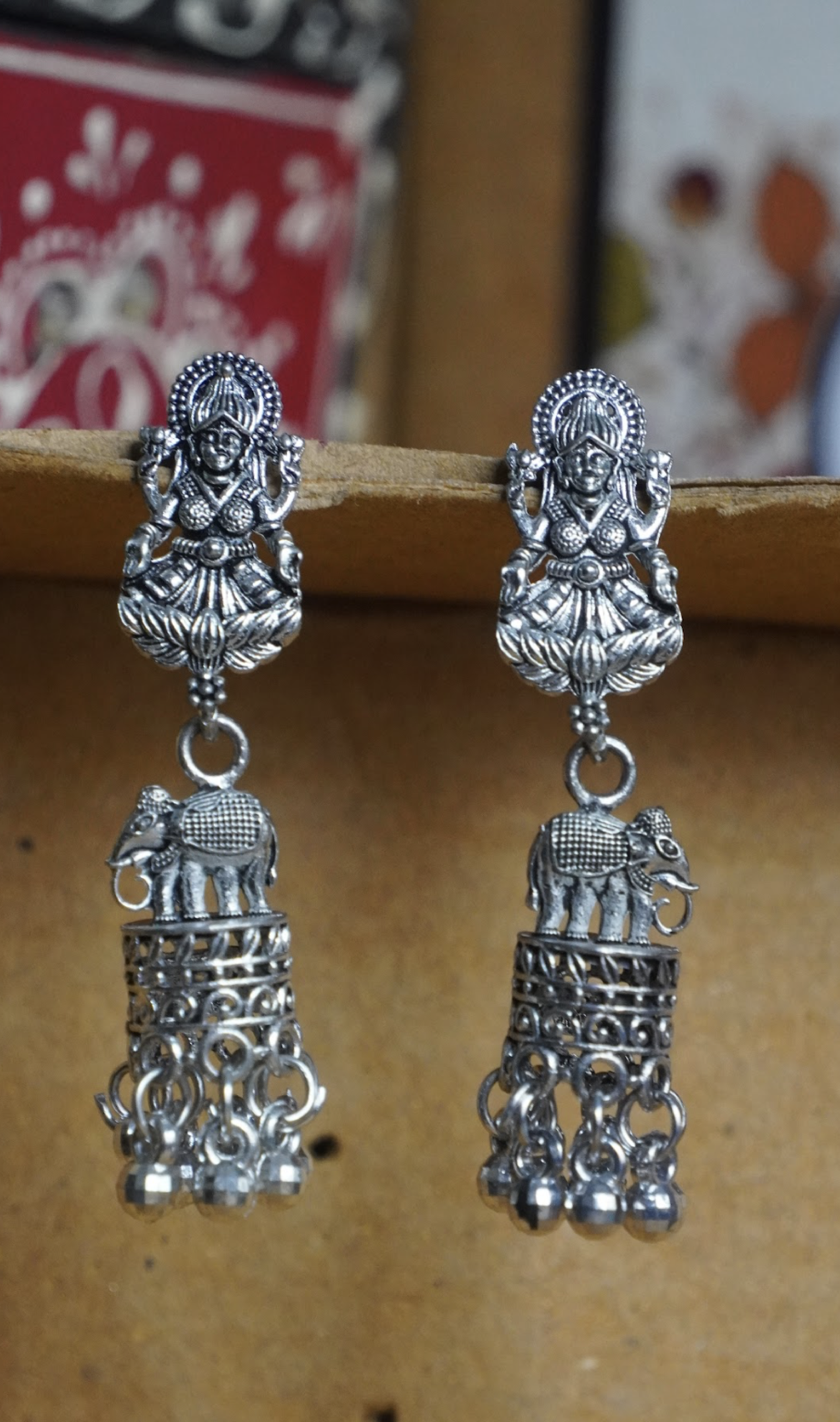 Devi motif with ghungroo long jhumka earrings