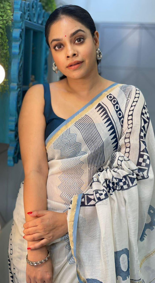 Quirky Print Linen Saree - White