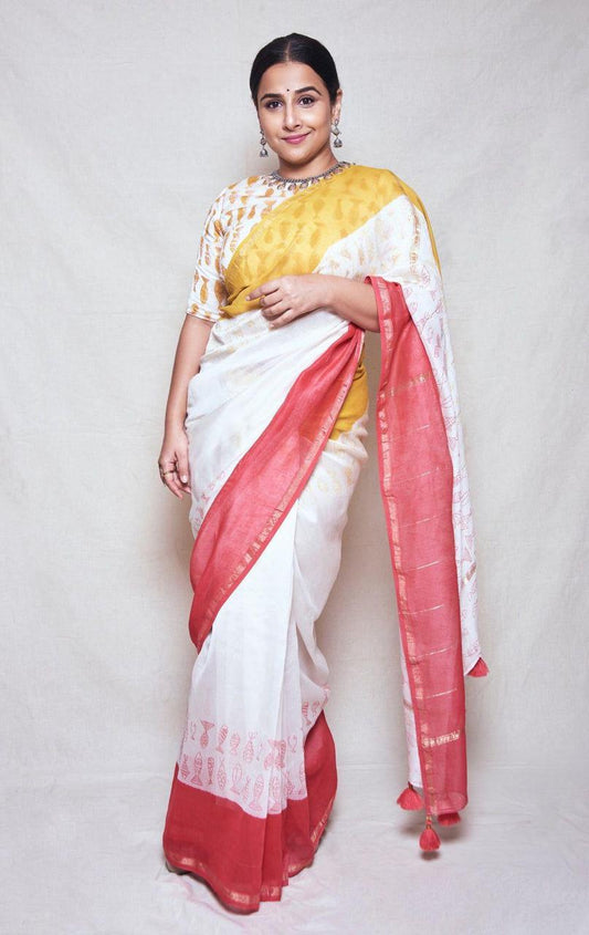 Quirky Print Linen Saree- White&Red