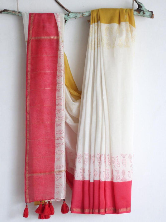 Quirky Print Linen Saree- White&Red
