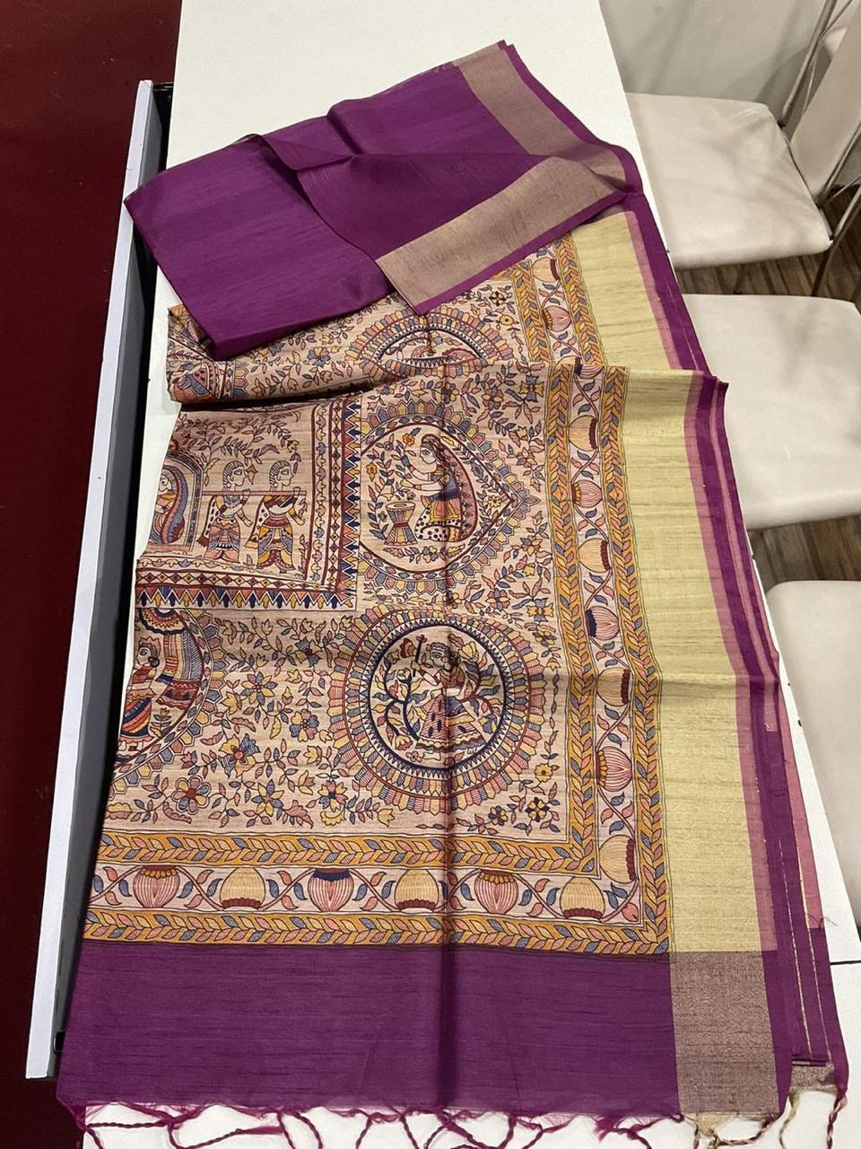 Madhubani Print Tussar Silk Saree