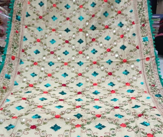 Thread Work Floral Dupatta - Sea Green