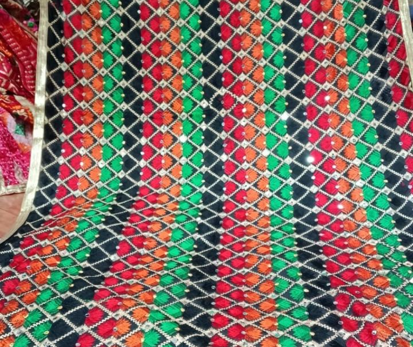 Mirror Work Phulkari Dupatta - Black