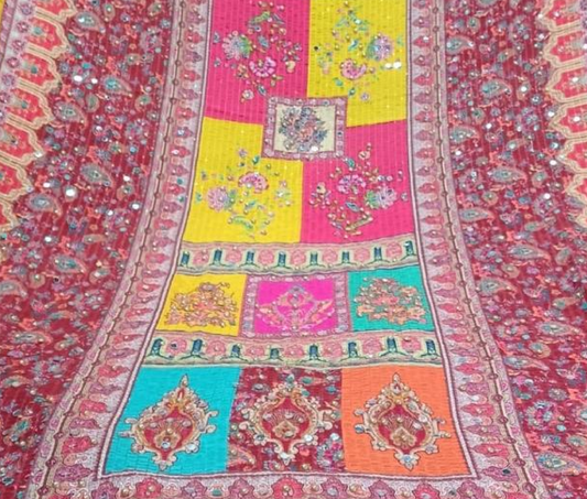 Rangrez Mirror Work Floral Dupatta- Red Multi