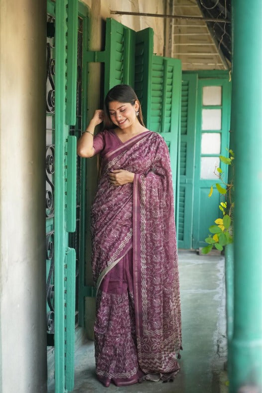 Embroidered Tussar silk Saree- Berry