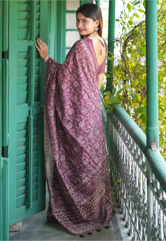 Embroidered Tussar silk Saree- Berry