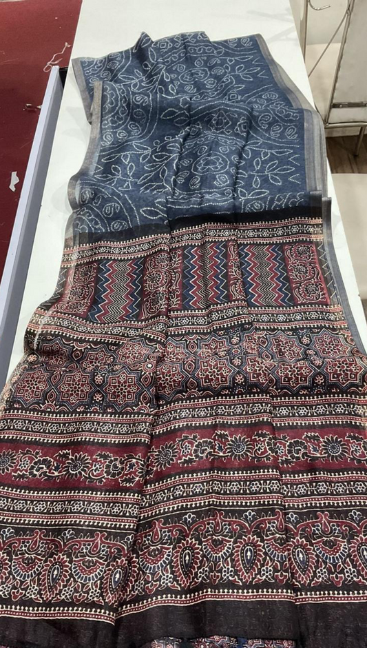 Ajrak Print Modal Silk Saree - Blue