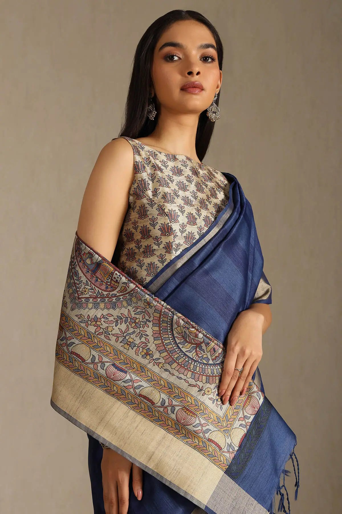 Madhubani Print Tussar Silk Saree
