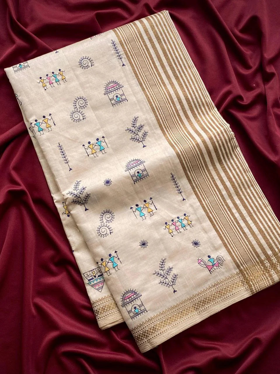 Warli Embroidered Cotton Zari Saree