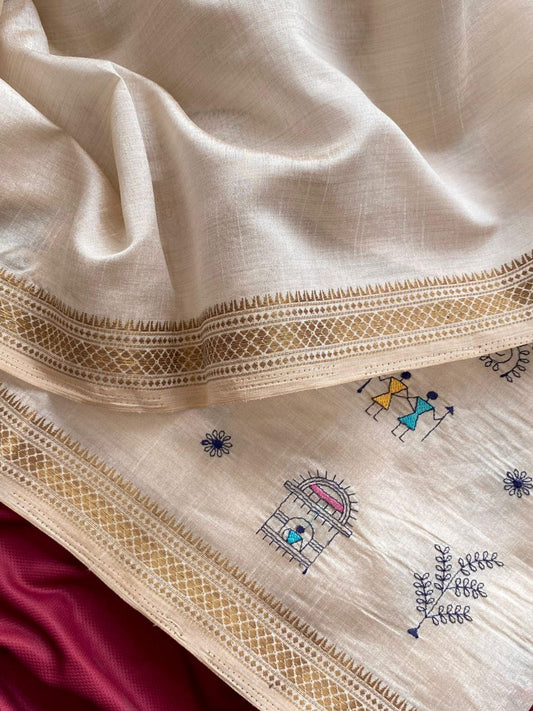 Warli Embroidered Cotton Zari Saree