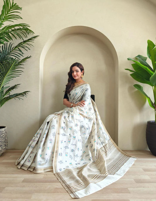 Warli Embroidered Cotton Zari Saree