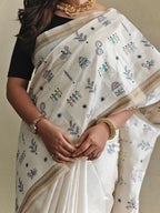 Warli Embroidered Cotton Zari Saree