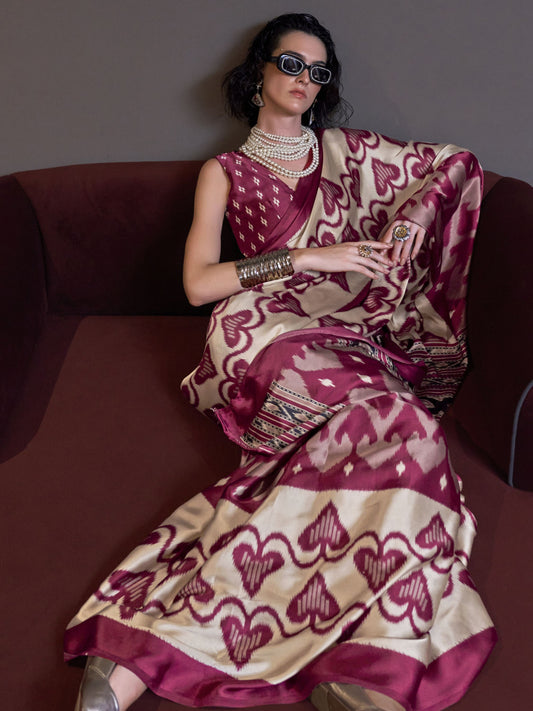 Ikat Print Satin Silk Saree - Maroon