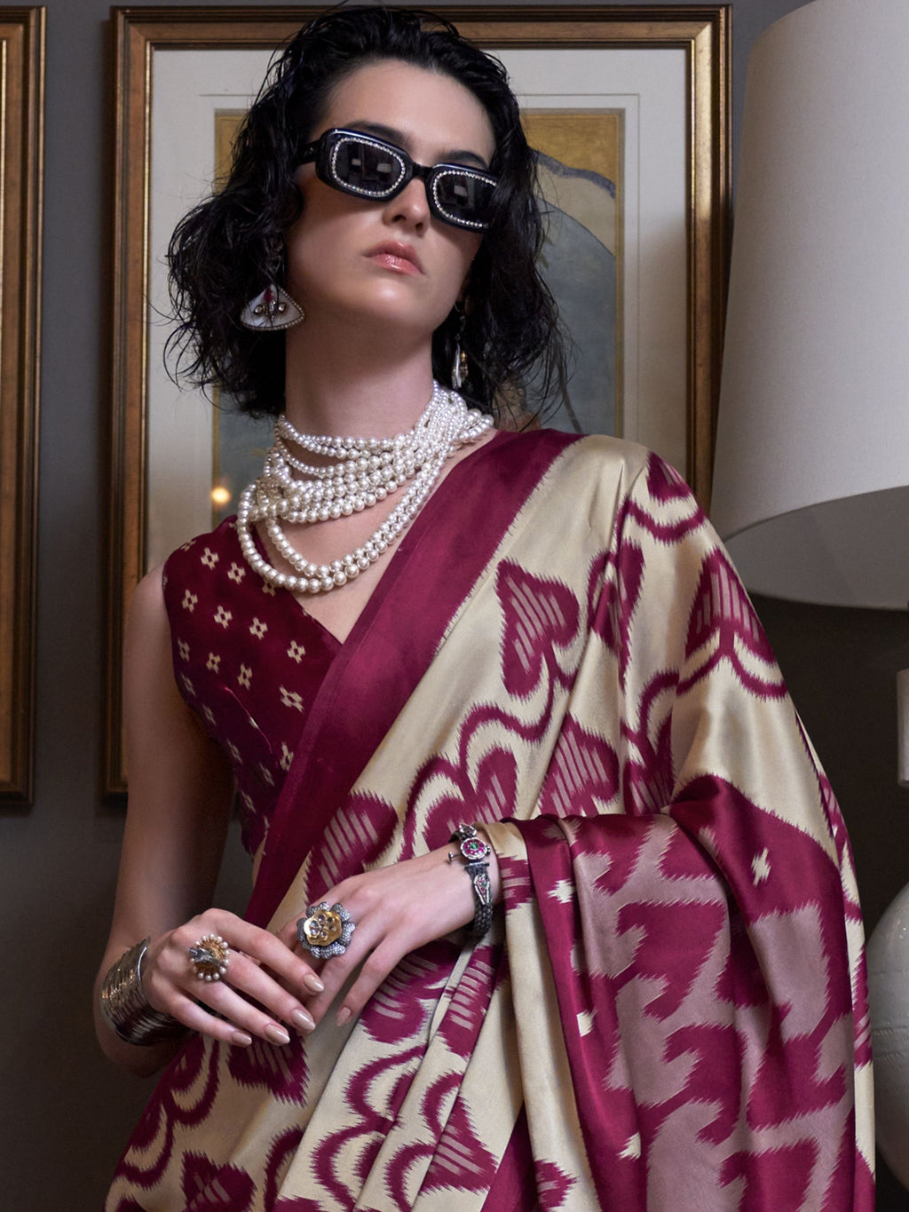 Ikat Print Satin Silk Saree - Maroon