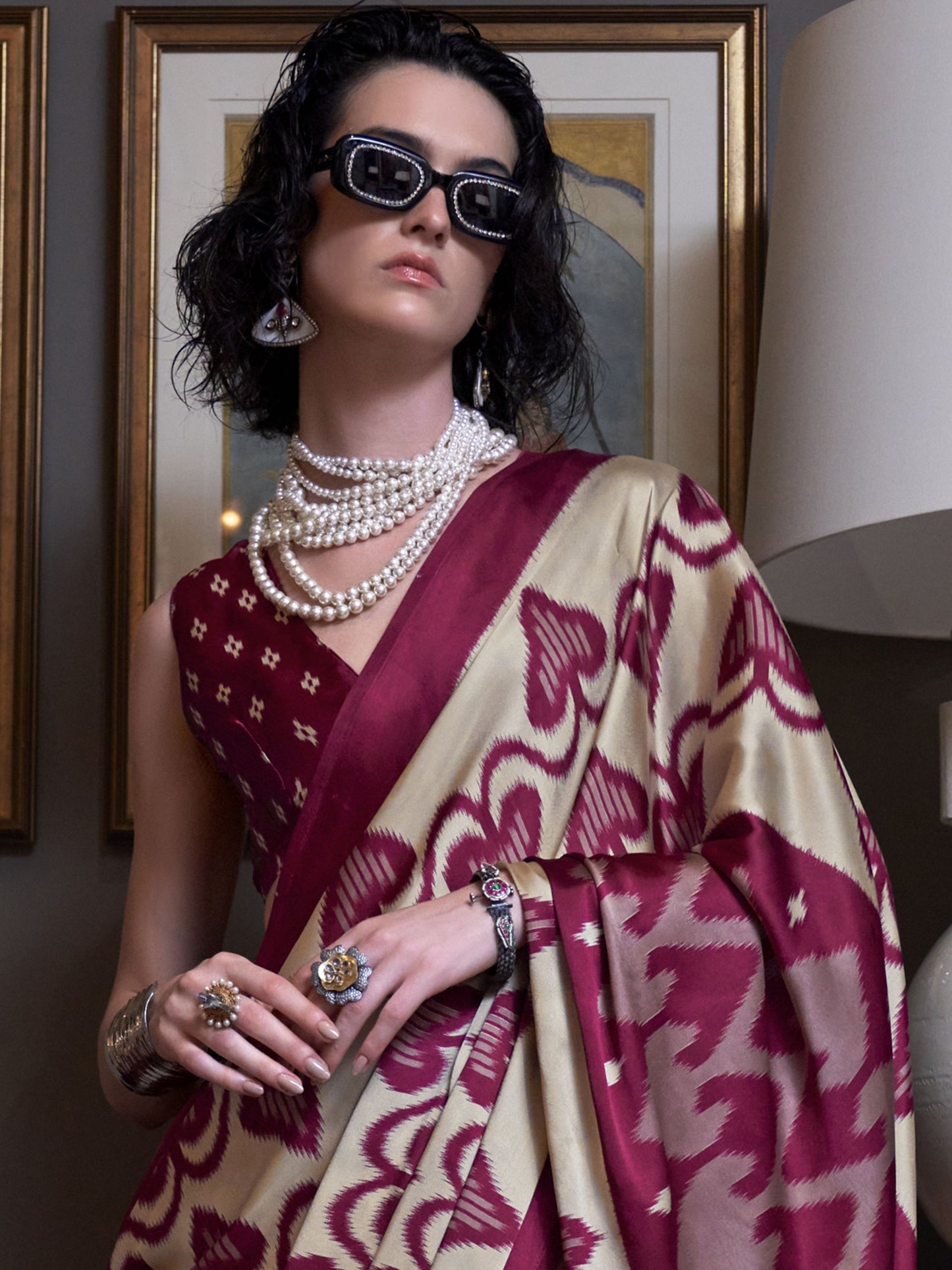 Ikat Print Satin Silk Saree - Maroon