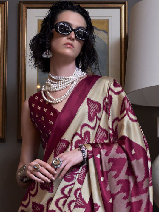Ikat Print Satin Silk Saree - Maroon