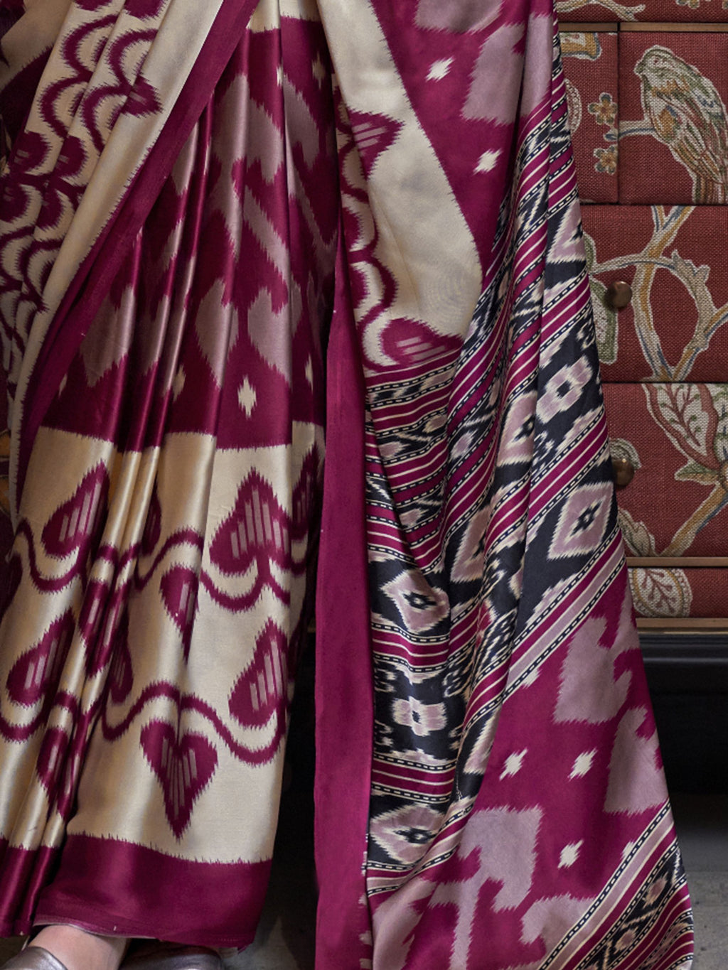 Ikat Print Satin Silk Saree - Maroon