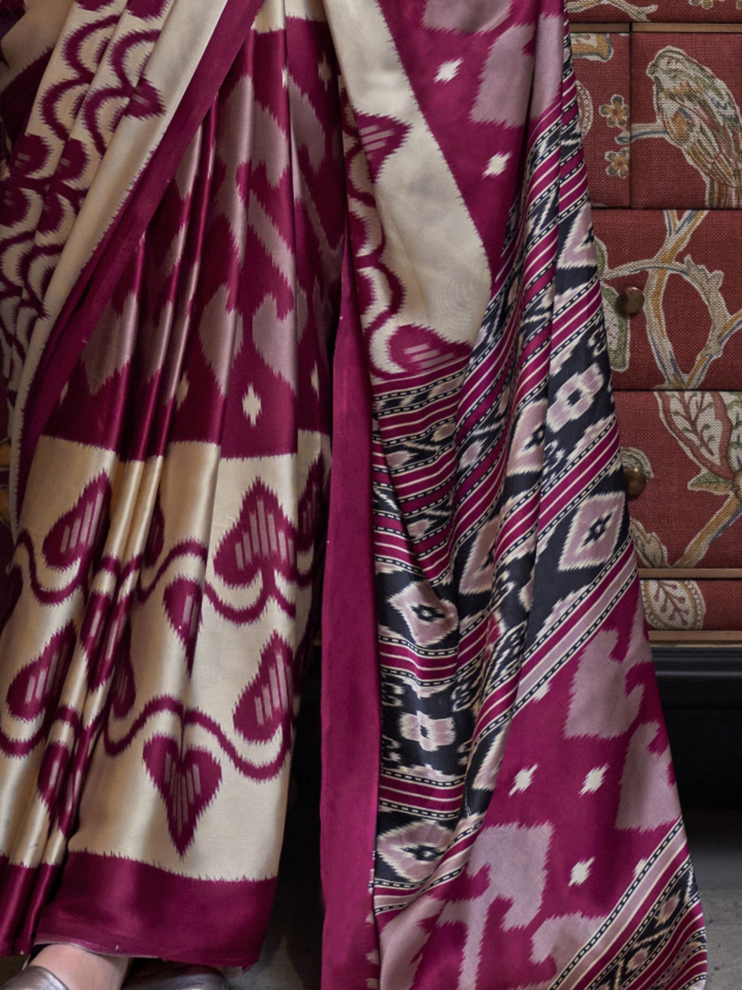 Ikat Print Satin Silk Saree - Maroon