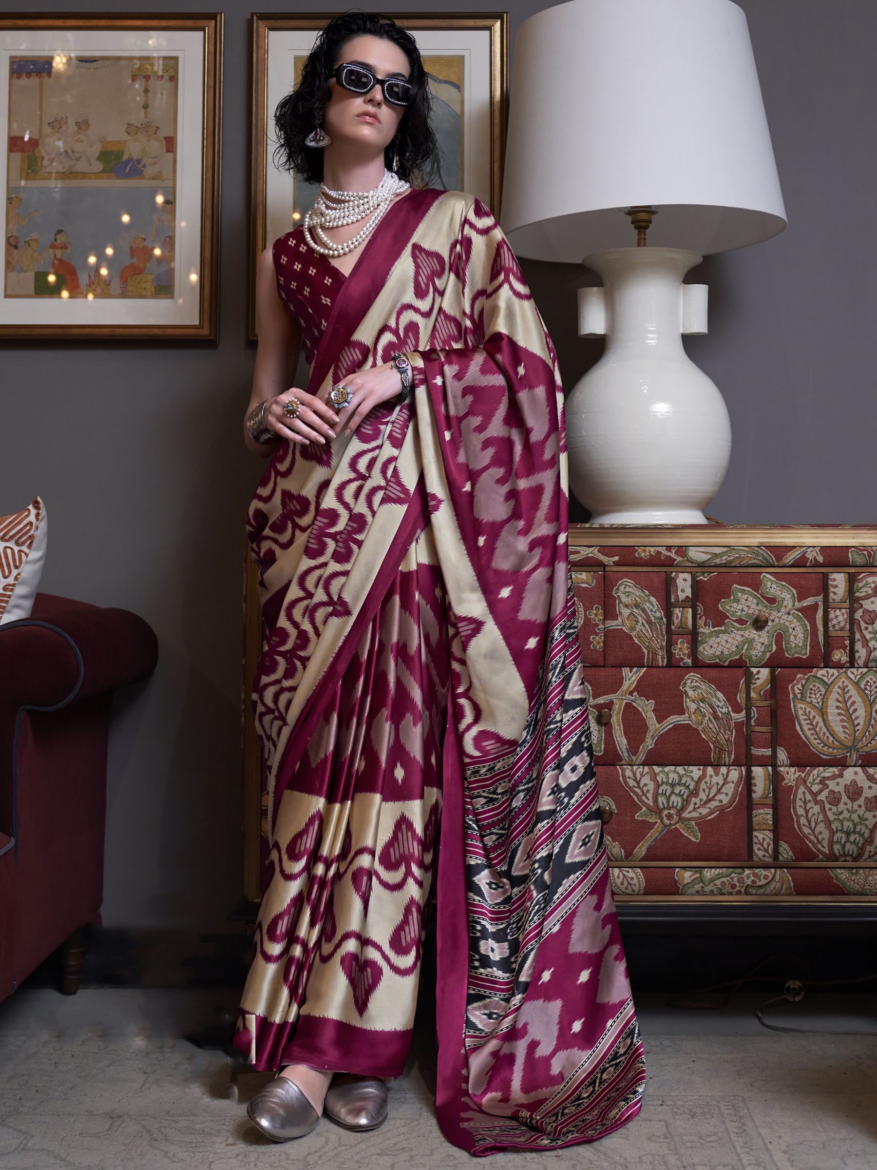 Ikat Print Satin Silk Saree - Maroon