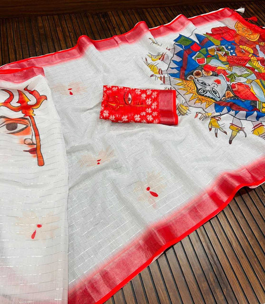 Cotton Linen Zari Saree- White&Red