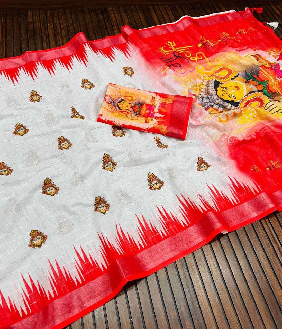 Cotton Linen Zari Saree- White&Red