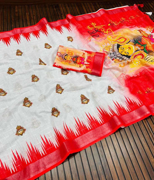 Cotton Linen Zari Saree- White&Red