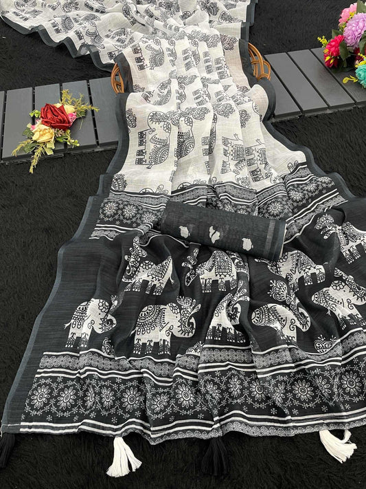 Cotton Linen ELephant Print Saree