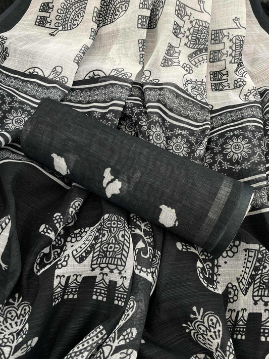 Cotton Linen ELephant Print Saree