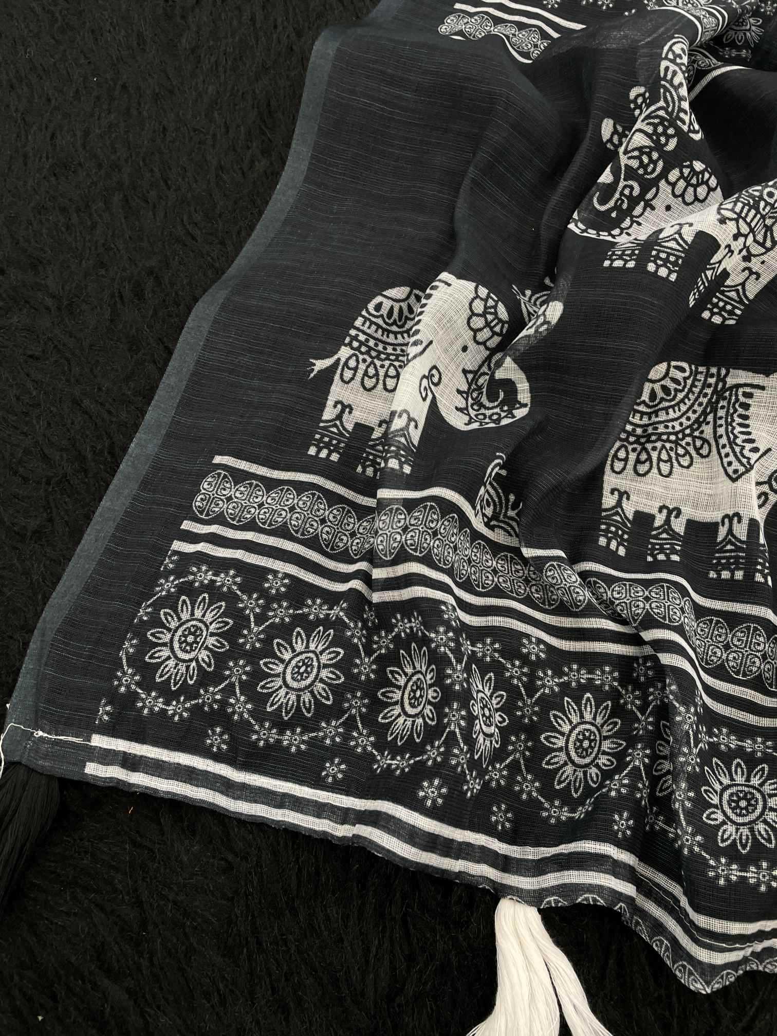 Cotton Linen ELephant Print Saree