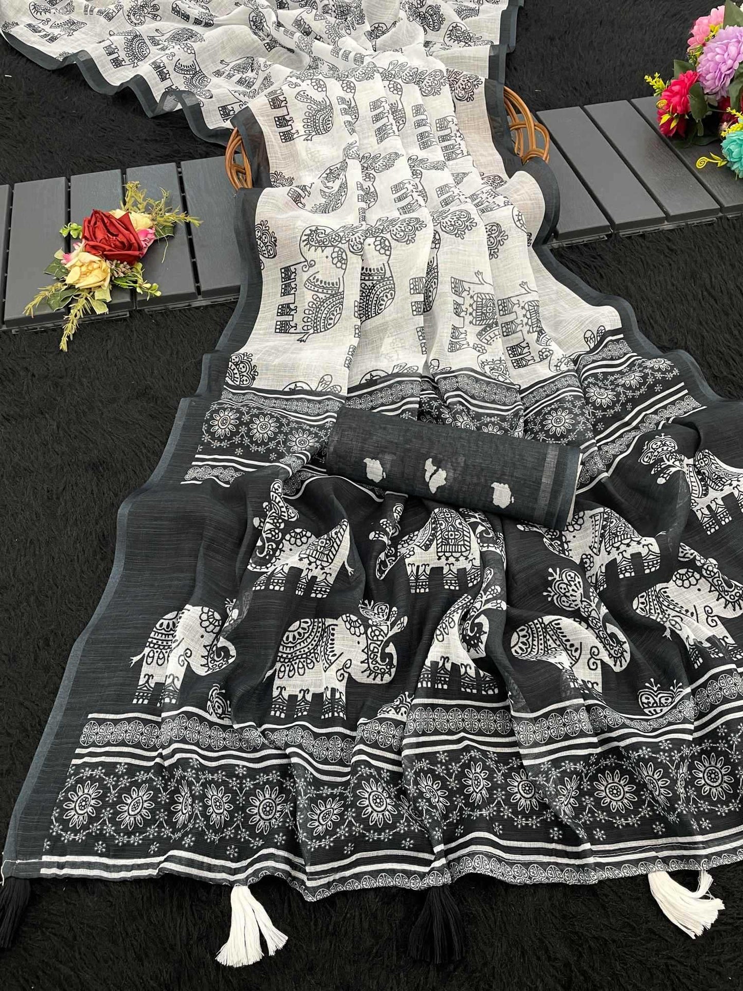 Cotton Linen ELephant Print Saree
