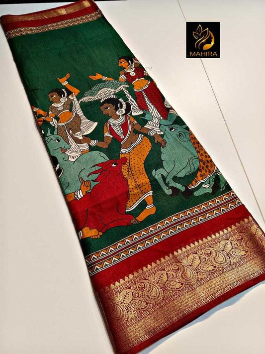 Cotton Silk Kalamkari Saree- Green
