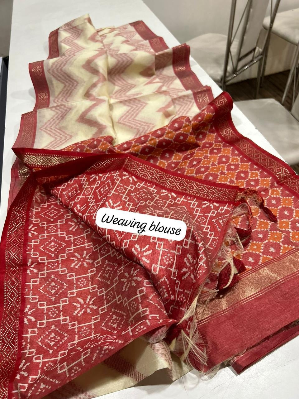 Ikat Print Tussar Silk Saree